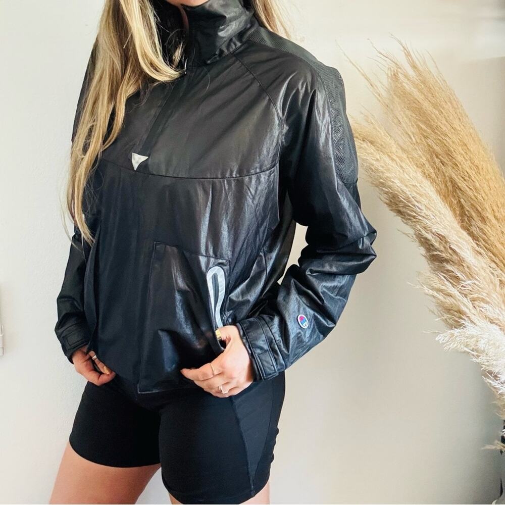 CHAMPION Luxe Eco Black Half Zip Pockets Windbreaker Track Jacket Lightweight S